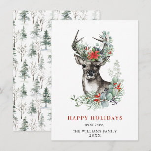 Elegant Christmas Deer Poinsettia Greeting Holiday Card