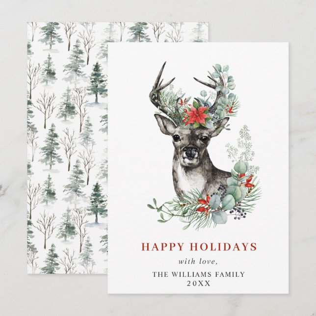 Elegant Christmas Deer Poinsettia Greeting Holiday Card (Front/Back)