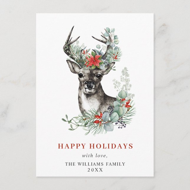 Elegant Christmas Deer Poinsettia Greeting Holiday Card (Front)