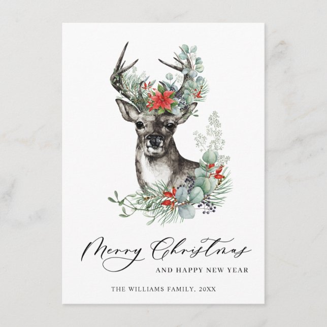 Elegant Christmas Deer Poinsettia Greeting Holiday Card (Front)