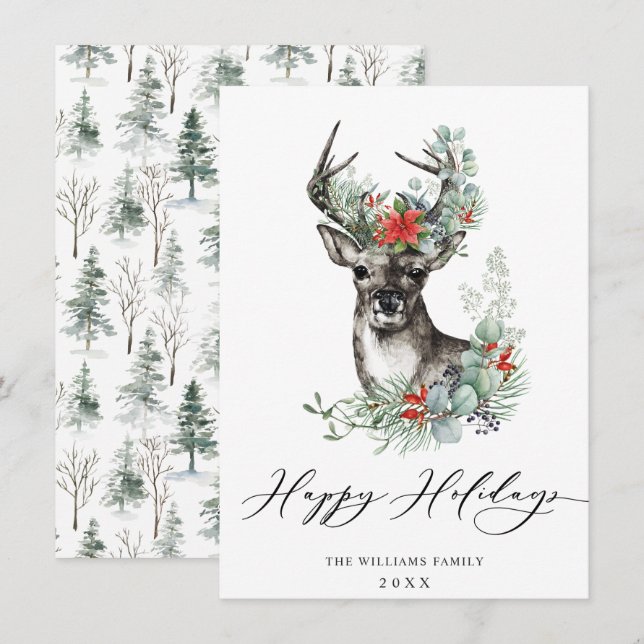 Elegant Christmas Deer Poinsettia Greeting Holiday Card (Front/Back)