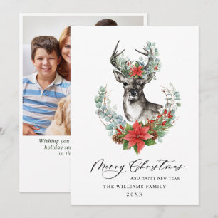 Elegant Christmas Deer Poinsettia Greeting Photo Holiday Card