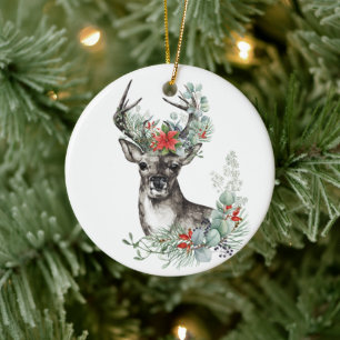 Elegant Christmas Deer Poinsettia Holiday Ceramic Tree Decoration