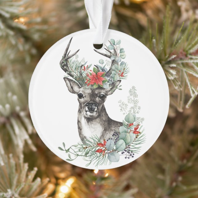 Elegant Christmas Deer Poinsettia Holiday Ornament (Tree)