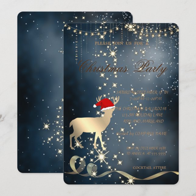 Elegant Christmas Deer Santa Hat,Christmas Party Invitation (Front/Back)