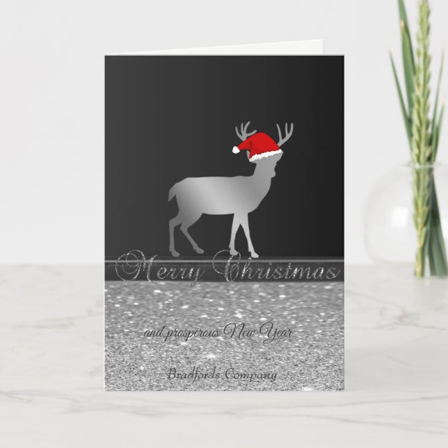 Elegant, Christmas Deer Santa Hat,Glittery,Company Holiday Card (Front)