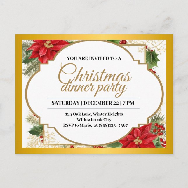 Elegant Christmas Dinner Party Gold & Poinsettia  Postcard (Front)