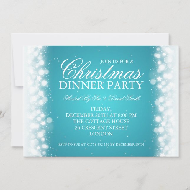 Elegant Christmas Dinner Party Magic Sparkle Turqu Invitation (Front)