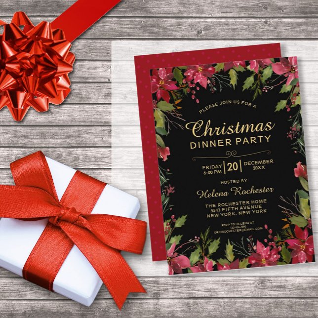 Elegant Christmas Dinner Party Pretty Poinsetta Invitation (Creator Uploaded)