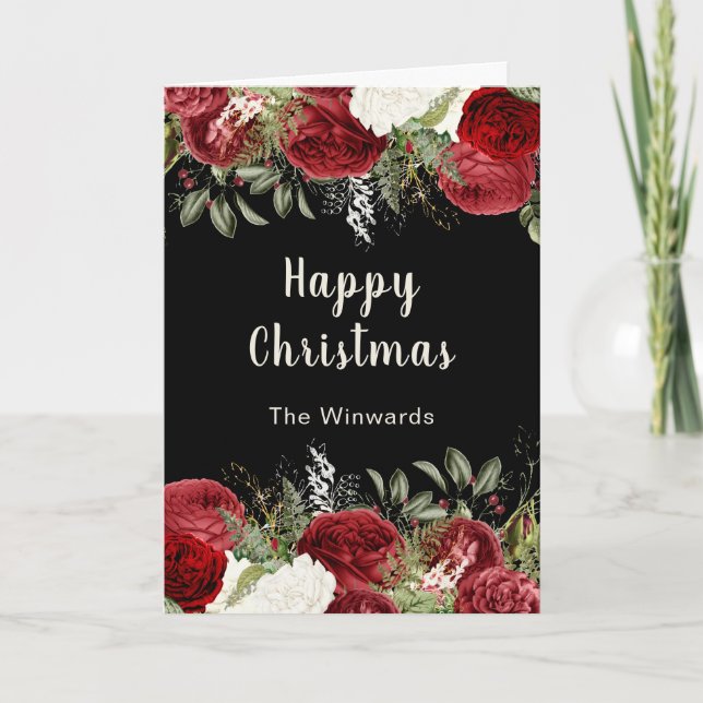 Elegant Christmas Dinner Party Red Flowers Holiday Card (Front)