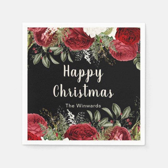 Elegant Christmas Dinner Party Red Flowers Napkin (Front)