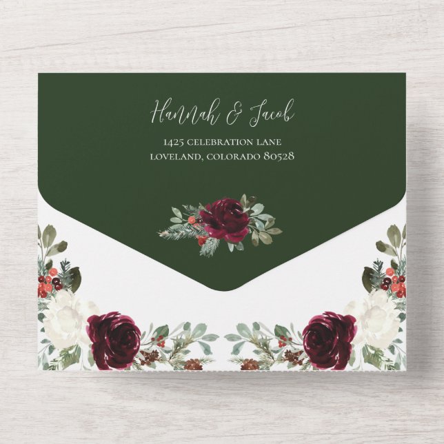 Elegant Christmas Emerald Green Winter Wedding All All In One Invitation (Back)