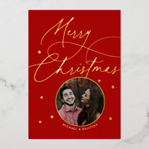 Elegant Christmas Engagement Calligraphy Photo Foil Holiday Card