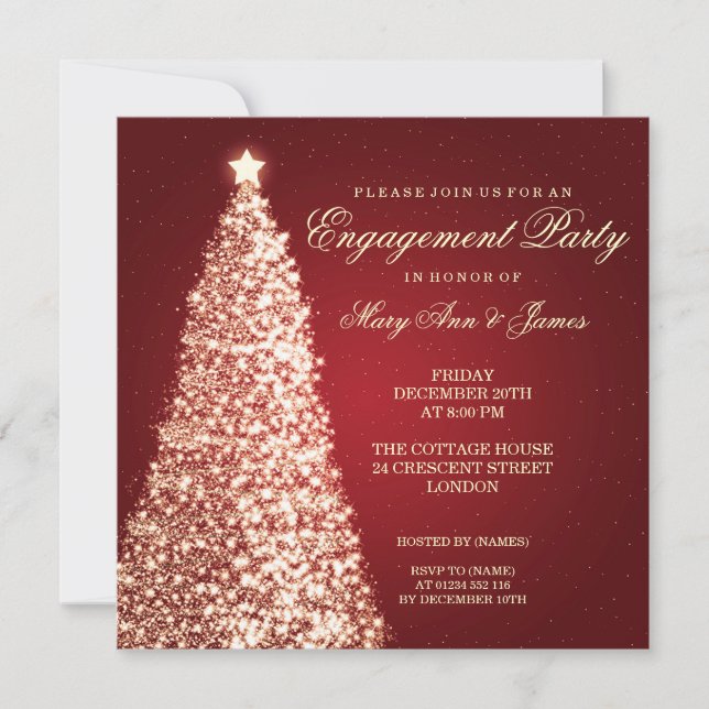 Elegant Christmas Engagement Party Gold Red Invitation (Front)