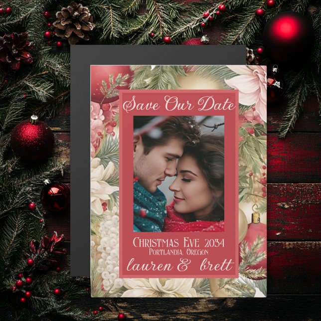 Elegant Christmas Eve Photo Wedding Magnet Card (Traditional Christmas Eve Save the Date Magnet Card-  Perfect for Holiday Weddings)
