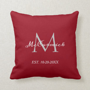Elegant Christmas Family Monogram Name Dark Red Cushion