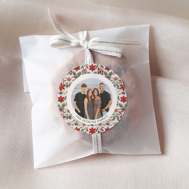 Elegant Christmas Family Photo Classic Round Sticker (Custom Christmas Photo Round Sticker)