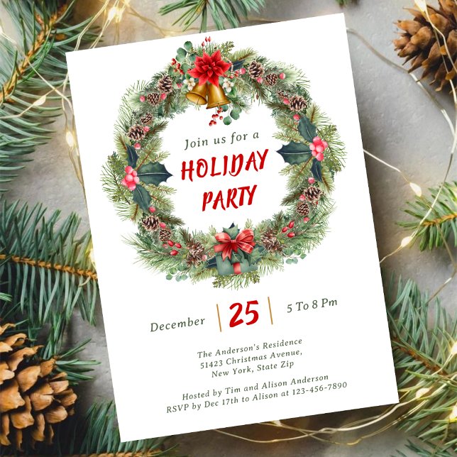 Elegant Christmas Festive Wreath Holiday Party Invitation (Creator Uploaded)