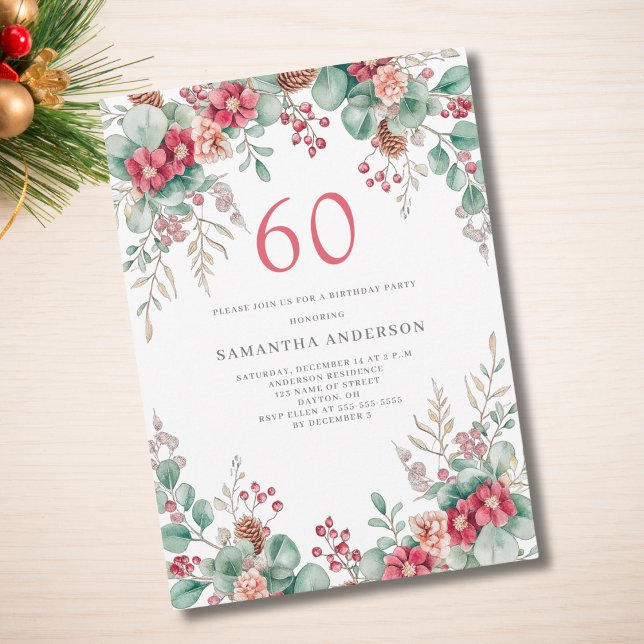 Elegant Christmas Floral 60th Birthday Party  Invitation (Creator Uploaded)