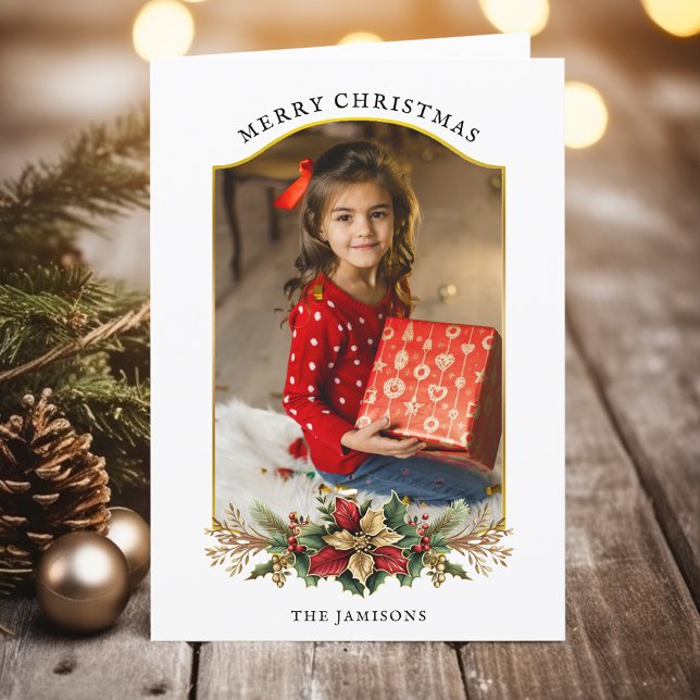 Elegant Christmas Floral Arched Photo Holiday Card (Creator Uploaded)