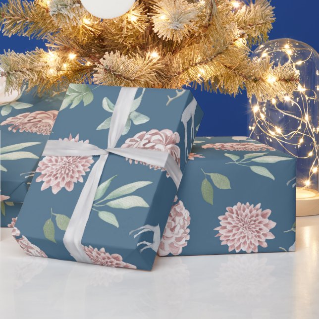 Elegant Christmas floral blue green deer Wrapping Paper (Holidays)