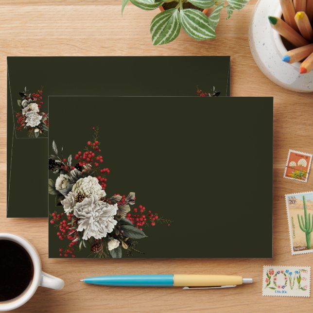 Elegant Christmas Floral Dark Green Return Address Envelope (Desk)