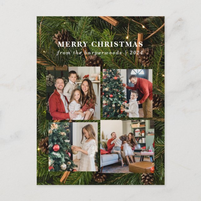  Elegant Christmas Floral Family Photo Collage Holiday Postcard (Front)