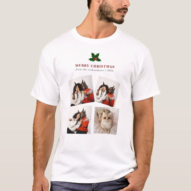 Elegant Christmas Floral Family Photo Collage T-Shirt (Front)