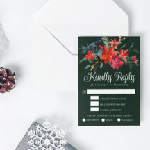 Elegant Christmas Floral Green Wedding RSVP Card