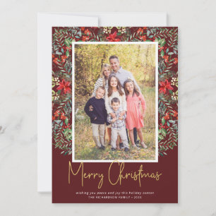Elegant Christmas Floral Greenery Burgundy Photo Holiday Card