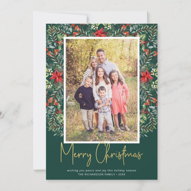 Elegant Christmas Floral Greenery Green Photo Holiday Card (Front)