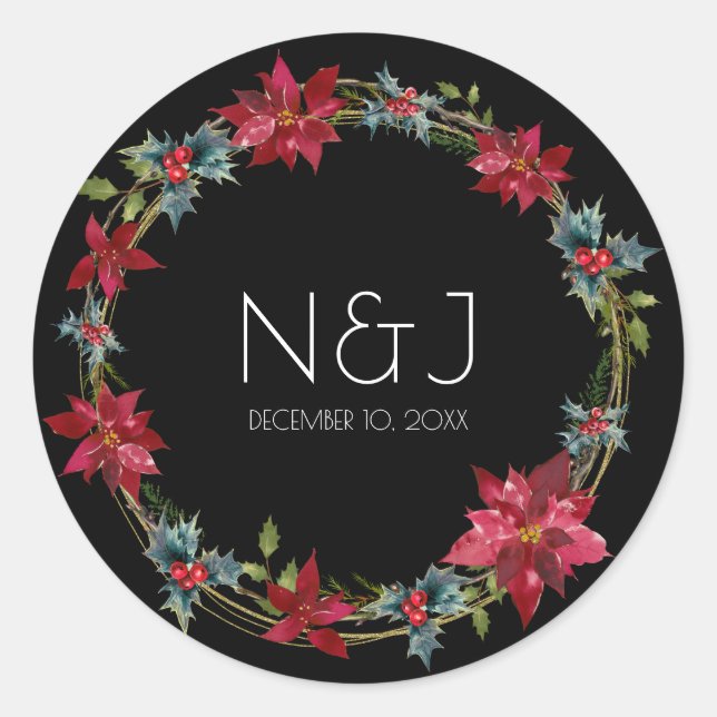 Elegant Christmas Floral Holiday Black Dark Modern Classic Round Sticker (Front)