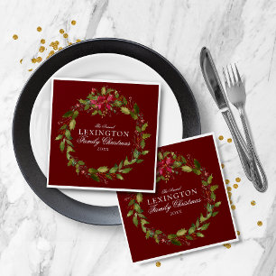 Elegant Christmas Floral Holly Wreath Napkin
