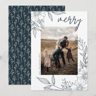 Elegant Christmas Floral Merry Blue Photo Holiday Card