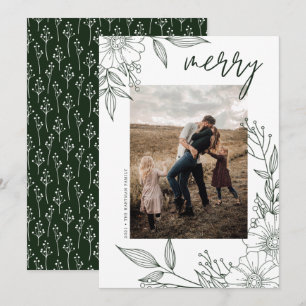Elegant Christmas Floral Merry Green Photo Holiday Card