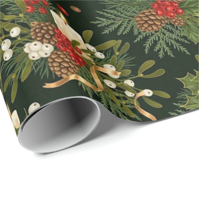 Elegant Christmas Floral Pinecone Pattern Wrapping Paper (Roll Corner)