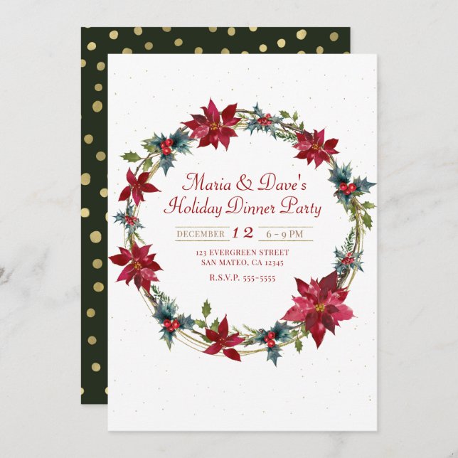 Elegant Christmas Floral Poinsettia Holiday Dinner Invitation (Front/Back)