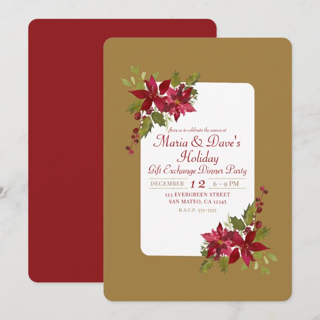 Elegant Christmas Floral Poinsettia Holiday Party Invitation (Front/Back)