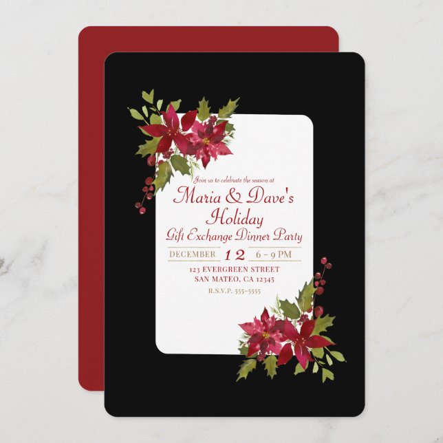 Elegant Christmas Floral Poinsettia Holiday Party Invitation (Front/Back)