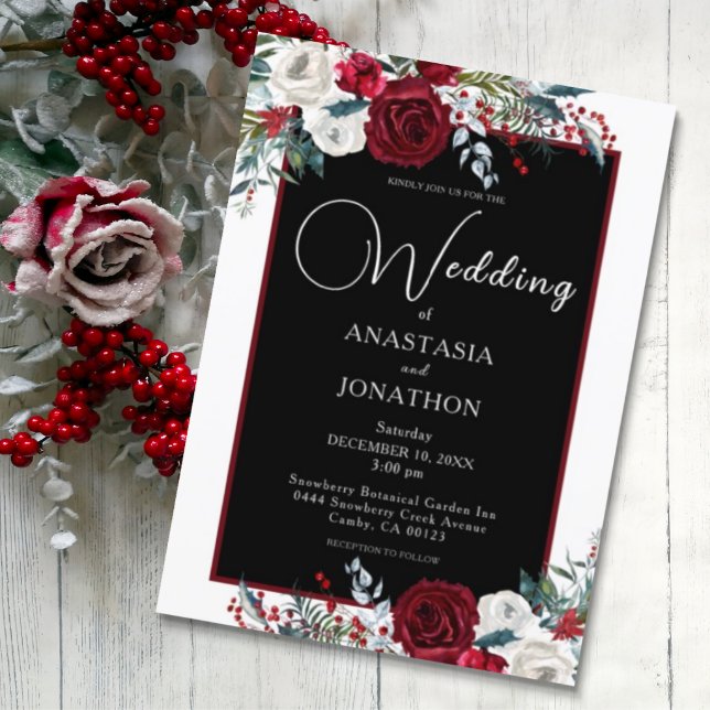Elegant Christmas Floral Rose Holiday Wedding  Invitation (Creator Uploaded)