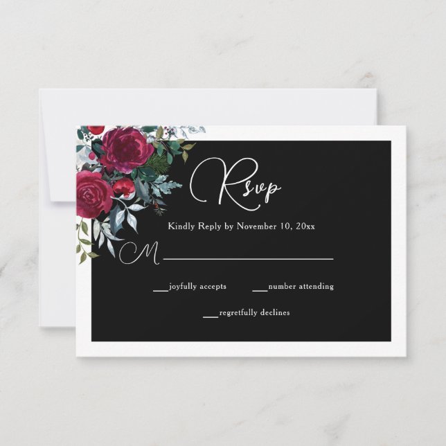 Elegant Christmas Floral Rose Holiday Wedding  RSVP Card (Front)