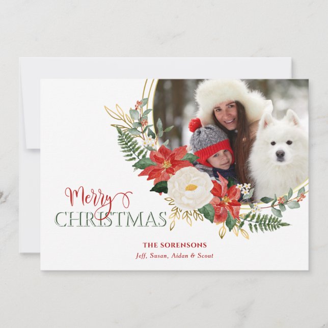 Elegant Christmas Floral w/Calligraphy Photo Holiday Card (Front)