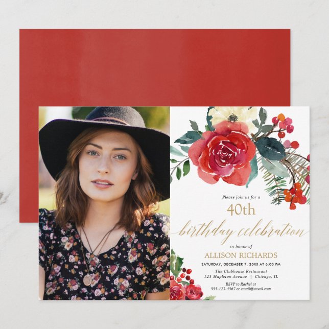 Elegant christmas floral watercolor photo birthday invitation (Front/Back)