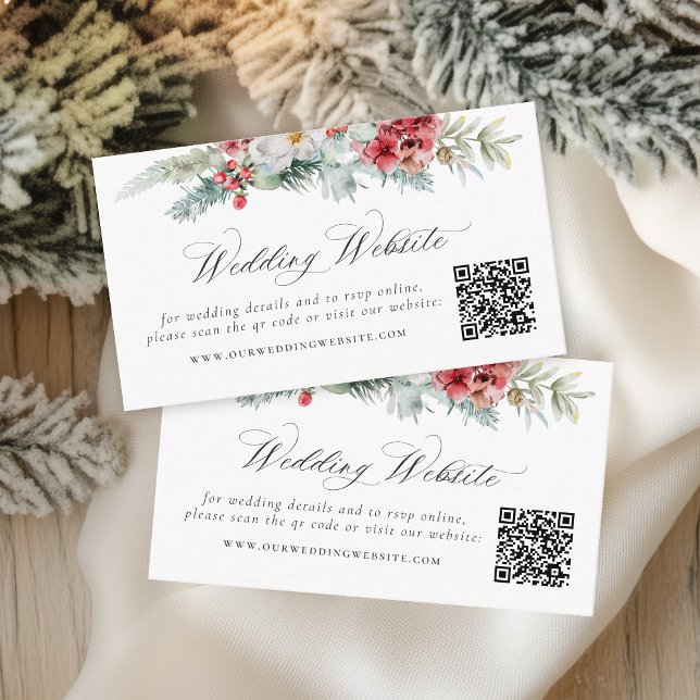 Elegant Christmas Floral Wedding Website QR Code Enclosure Card (Creator Uploaded)