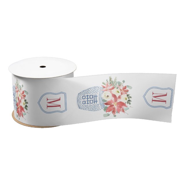 Elegant Christmas Flowers Chinoiserie Monogrammed  Satin Ribbon (Spool)