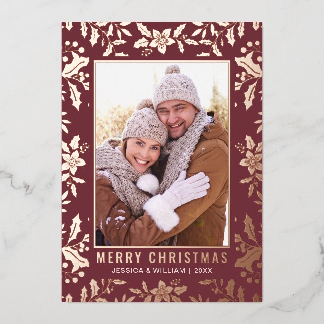 Elegant Christmas Foliage 2 Photo Rose Gold Foil Holiday Card (Front)