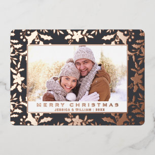 Elegant Christmas Foliage 2 Photo Rose Gold Foil Holiday Card
