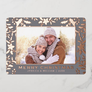Elegant Christmas Foliage 2 Photo Rose Gold Foil Holiday Card