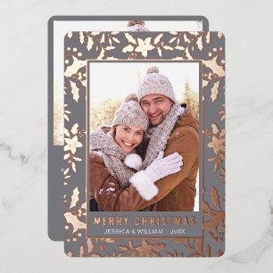 Elegant Christmas Foliage 2 Photo Rose Gold Foil Holiday Card