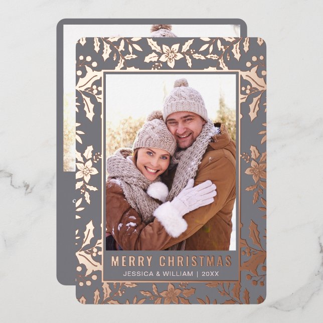 Elegant Christmas Foliage 2 Photo Rose Gold Foil Holiday Card (Front/Back)